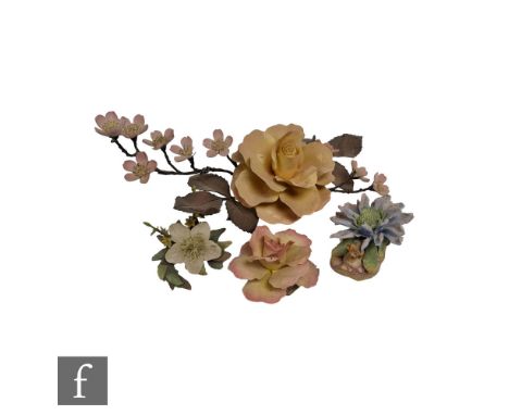 A Boehm porcelain model of a peace rose with apple blossom together with two Border Fine Arts bone china flowers and a Royal 