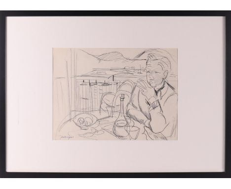 Wiegers, Jan (Oldenhove 1893 A'dam-1959) "Portrait of a man at a patio table", signed in full in the paper l.l., sketch drawi