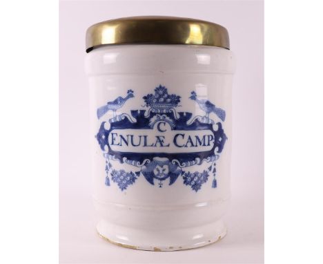 A Delft blue pottery albarello apothecary jar 'Enulae Camp' with brass lid, Holland 18th century. Decor of cartouche crowned 