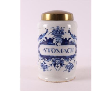 A Delft blue pottery albarello apothecary jar with brass lid, Holland 18th century. Decor of cartouche crowned with peacocks 