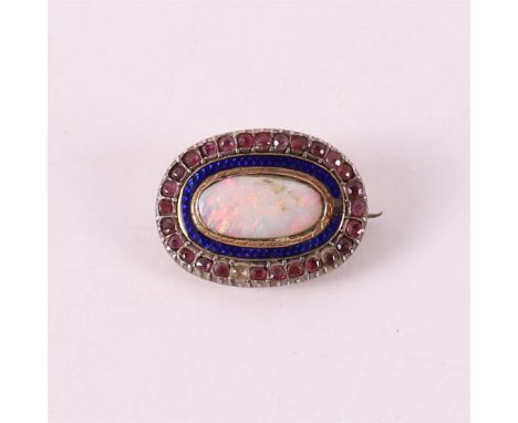 A 14 kt 585/1000 yellow gold oval brooch, set with opal and entourage of rubies (1 missing) and blue guilloche enamel rim, 1s