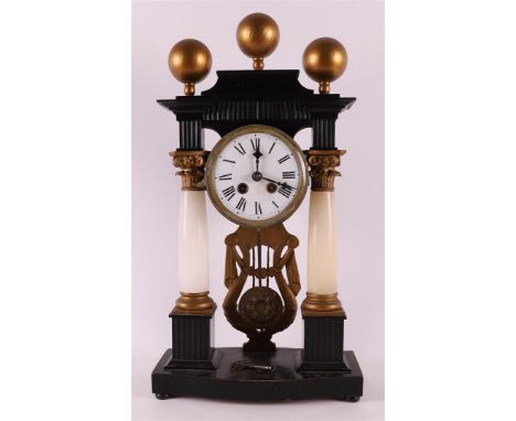A column clock, 19th century. Ebonised case with alabaster columns with Corinthian capital, white enamel dial with Roman nume