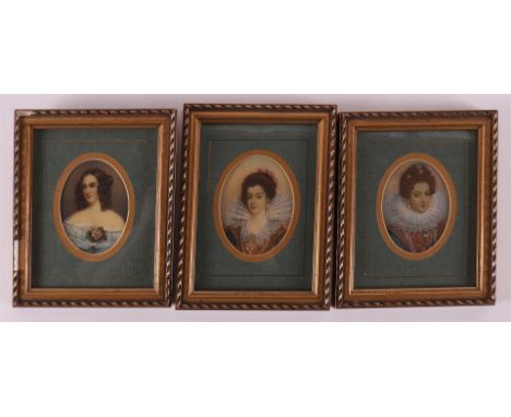 Three various portrait miniatures in frame, 1st half 20th century, h 17.5 x w 13.5 cm, tot. 3x.