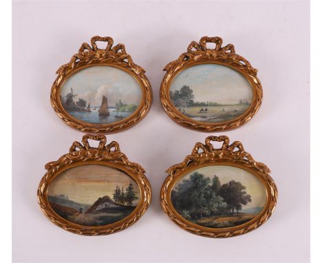 Four various landscape miniatures in a gilded frame, around 1900. Color lithograph/paper, h 8 x w 10 cm, tot. 4x (1x crowning