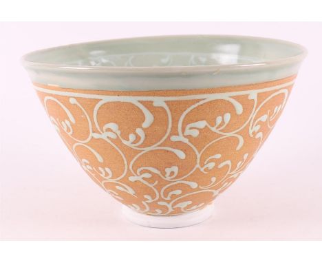 A celadon/terra porcelain conical bowl base ring, modern/contemporary, 20th/21st century, h 14 x 22.4 cm.