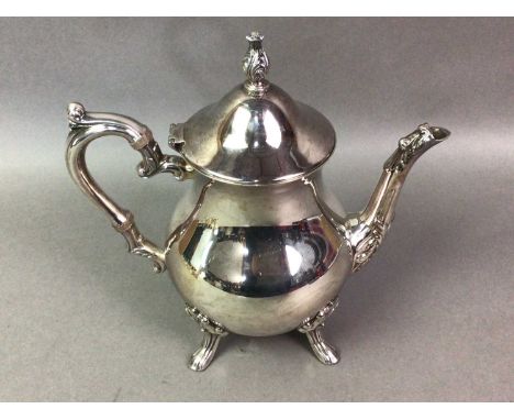 SILVER PLATED TEA AND COFFEE SERVICE WITH OTHER PLATED WARE  comprising three trays and a candlestick