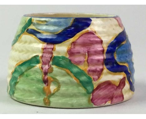 CLARICE CLIFF BIZARRE CIRCULAR POT, FANTASQUE PATTERN  painted in shades of green, blue and pink7cm diameter 