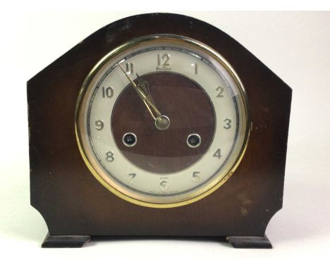 EDWARDIAN MANTEL CLOCK AND AN ART DECO FOUR PIECE TEA AND COFFEE SERVICE  the clock with circular dial and Arabic numerals cl