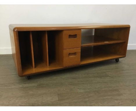 MID CENTURY TEAK MEDIA CABINET with two drawers, record rack and open shelves122cm wideWater damage on one shelf visible on i