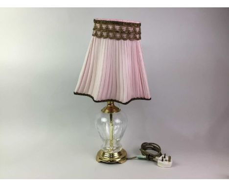 TWO TABLE LAMPS  AND A STANDARD LAMP one table lamp with clear glass body and pink and brown shade, the other with floral and