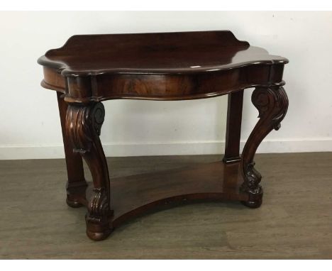 VICTORIAN MAHOGANY CONSOLE TABLE with understage and carved front supports82cm high, 97cm wide, 50cm deep 