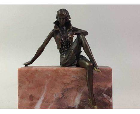 ART DECO STYLE BRONZE FIGURE AND A METAL MODEL OF A HORSE  the bronze figure in the form of a female on a marble base, along 