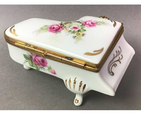 COLLECTION OF LIMOGES TRINKET BOXES AND A JAPANESE DISH the trinket boxes including teddy bear, piano and Champagne botte exa