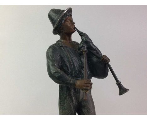 VICTORIAN BRONZED SPELTER FIGURE OF A BAGPIPER ALONG WITH TWO FURTHER BRONZED SCULPTURES the first a table lamp, the second a