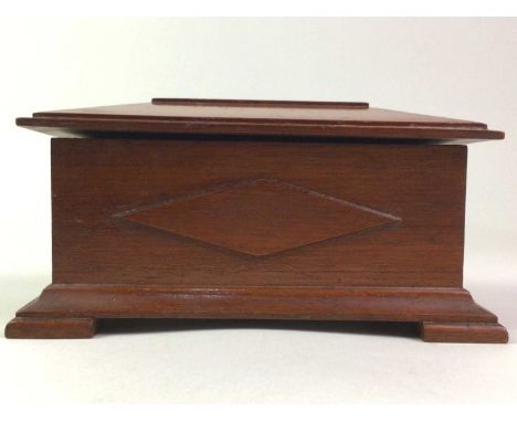 MAHOGANY CASKET ALONG WITH TWO TRAYS also a burr maple bowl and a wooden candle lamp