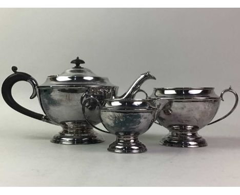 SILVER PLATED THREE PIECE TEA SERVICE ALONG WITH OTHER PLATED ITEMS  including atray and table bell 