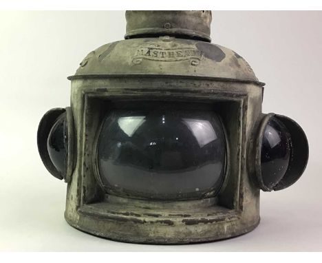 COPPER AND GALVANISED STEEL SHIP'S TRIPLE LANTERN, LATE 19TH/EARLY 20TH CENTURY with plaques and shades for mastheard, port a