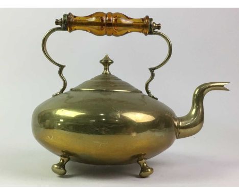 BRASS TODDY KETTLE ALONG WITH PEWTER MUGS AND MEASURES  also including a brass oil lamp, brass weights and plated metal model