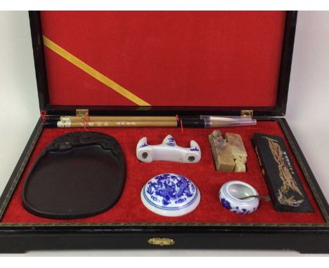 CHINESE BLACK LACQUERED TRAVELLING ARTIST SET AND OTHER ITEMS  the set including brushes, seals and other associated items, a