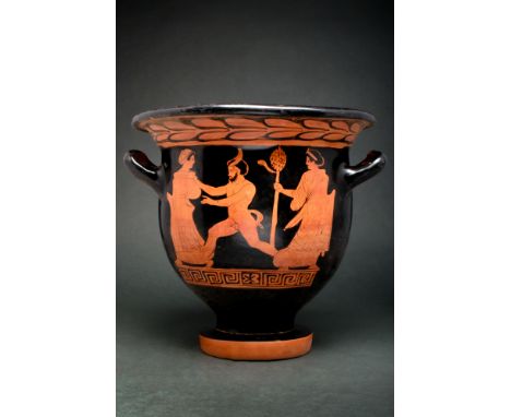 Ca. Late 4th-3rd Century BC.A pottery bell krater featuring two lateral handles, a broad opening, and a circular foot. The su