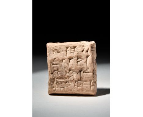 Ca. 1900 BC.A square shaped ceramic tablet with sharp edges and corners. It has cuneiform on both faces and on the side panel