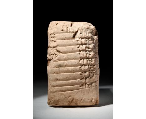 Ca. 1900 BC.A rectangular shaped ceramic tablet, bearing cuneiform script on one side. Tablets such as these were used for ma