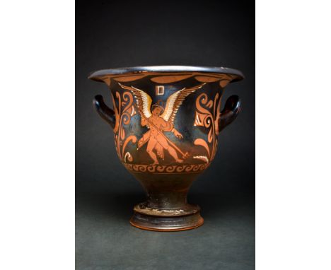 Ca. Late 4th-3rd Century BC.A finely modelled pottery krater with a large, inverted bell-shaped body with a broad rim. Two up