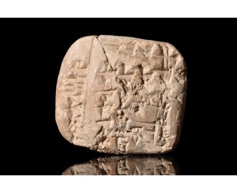 Ca. 1900 BC.A squared ceramic tablet with rounded corners and visible cuneiform on both sides. The cuneiform sign ‘ki’ or ‘e2