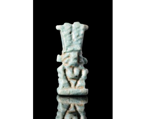 Late Period, Ca. 664-332 BC.A faience amulet of the protector god Bes. He is portrayed as a nude dwarf on an integrated base.