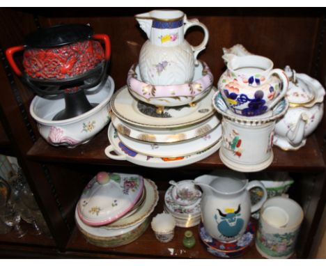 A Spode "Marlborough Sprays" pattern tureen, a Royal Crown Derby "Royal Antoinette" teapot, assorted plates, jugs and other i