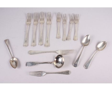 A set of five Old English pattern table forks, engraved initial P, five matching dessert forks, three later spoons and a ladl