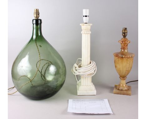 Two alabaster table lamps and a carboy converted to a table lamp, 17 1/4" high 