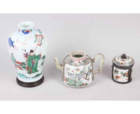 A Chinese famille vert baluster vase, decorated figures in a garden, 7" high, a famille vert teapot, and a similar pot and co