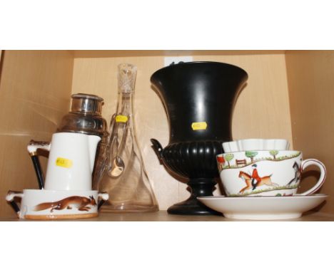 A Royal Doulton "Reynard the Fox" pattern sugar bowl and jug, a Crown Staffordshire mammoth cup and saucer, decorated hunting