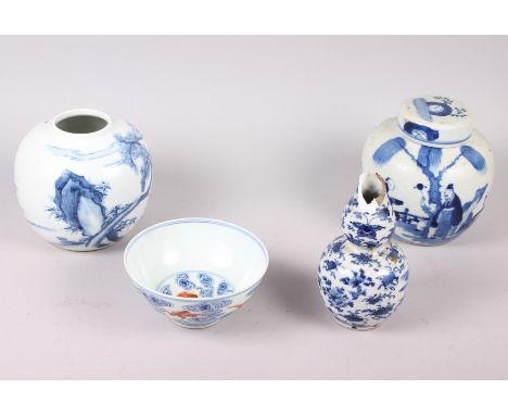 A Chinese blue and white ginger jar, decorated figures on boats, 5" high, another ginger jar, a bowl decorated bats and a dou