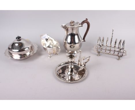 A silver plated muffin dish, a toast rack, a chamber candlestick, etc 