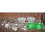 A pair of Whitefriars style candleholders, knife rests and other items