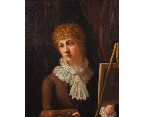 An oil on canvas, female artist self portrait, 11 2/2" x 9 1/2", in gilt frame 