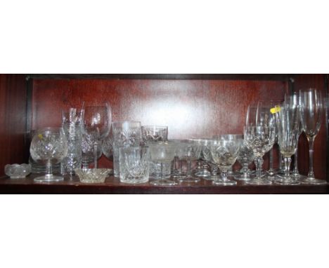 Three Dartington wine glasses, a pair of brandy balloons, champagne flutes and other table glass 