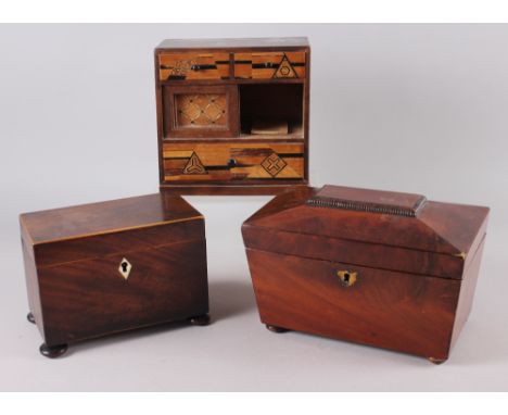 A 19th century mahogany sarcophagus tea caddy, a similar plain rectangular tea caddy and a parquetry decorated miniature cabi