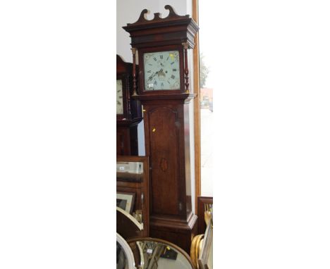 A 19th century oak long case clock, painted dial inscribed "J Pocock Banbury", door to waist inlaid patera, 90" high 