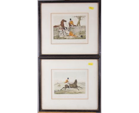 A set of six 19th century hand-coloured comic hunting prints, in strip frame 