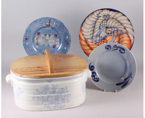 A Dennis Chinaworks plate, decorated birds, a Schonwald plate, a glass bowl and a Burleigh blue and white bread crock and cov