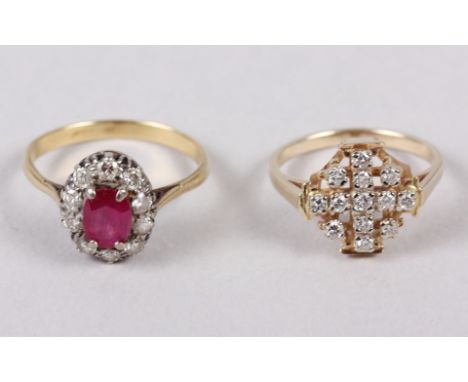 A yellow metal, ruby and diamond cluster ring, 2.9g, size Q, and a yellow metal and diamond dress ring, 3.5g, size L 