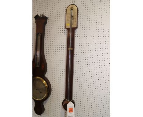 An early 19th century stick barometer, in mahogany case with plain arched top, register plate engraved "T Blunt London", 35" 