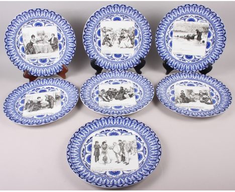 Seven Royal Doulton blue and white decorated "Gibson Girls" cabinet plates, 10 1/2" dia 