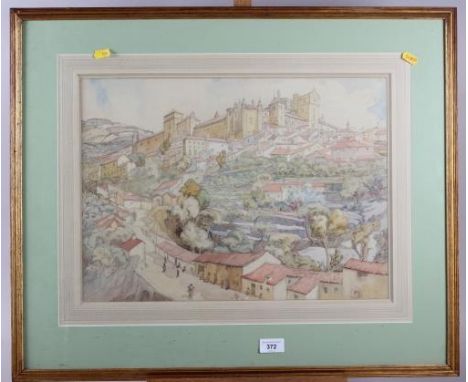 Anne M Chan: a watercolour over pencil, Continental townscape with castle, 14" x 19", in wash line mount and gilt frame (Exhi