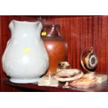 An Art Nouveau design jug, 9" high, an onyx table lighter, an onyx topped pill box and other items