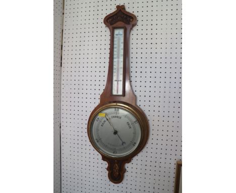 A carved walnut banjo barometer and thermometer 