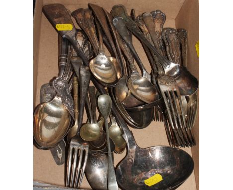 A selection of silver plated Kings pattern flatware, a plated soup ladle and other plated flatware 